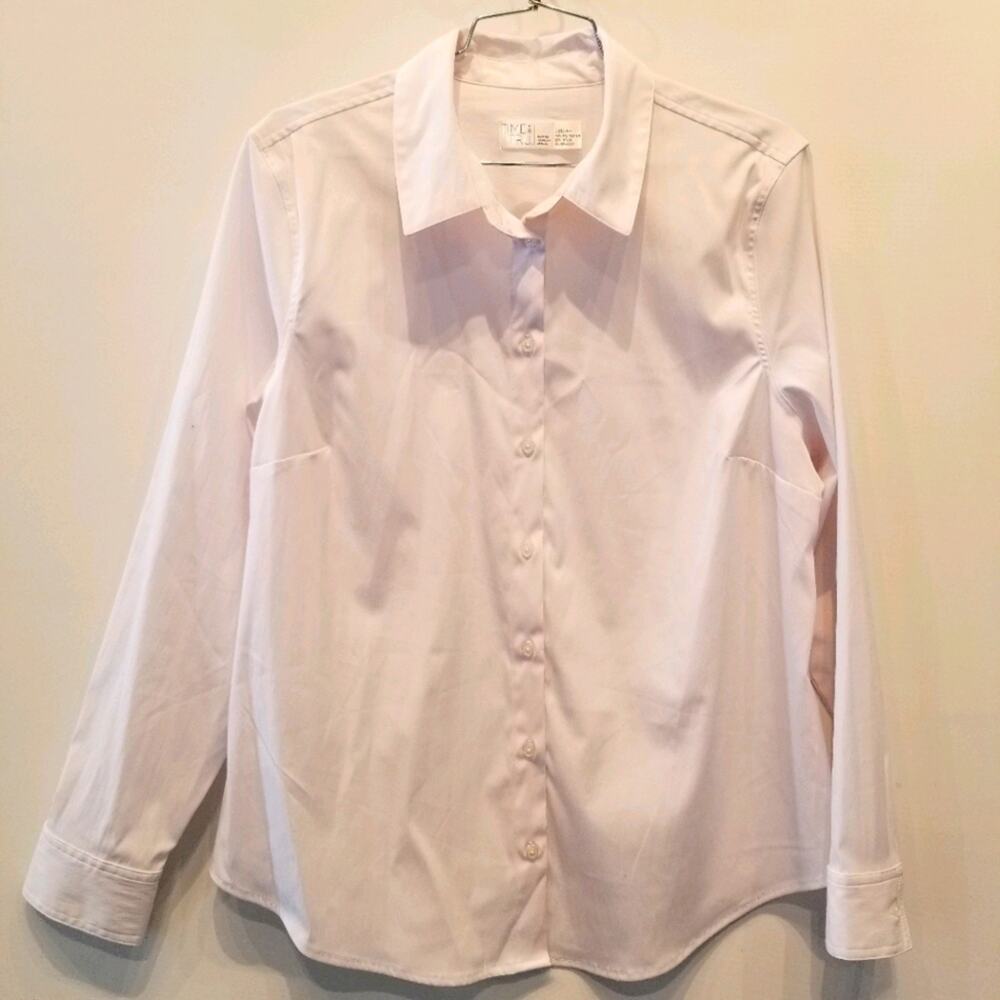 Time and Tru White Fitted Blouse Button Up Long Sleeve Collar Shirt Size L(12-14